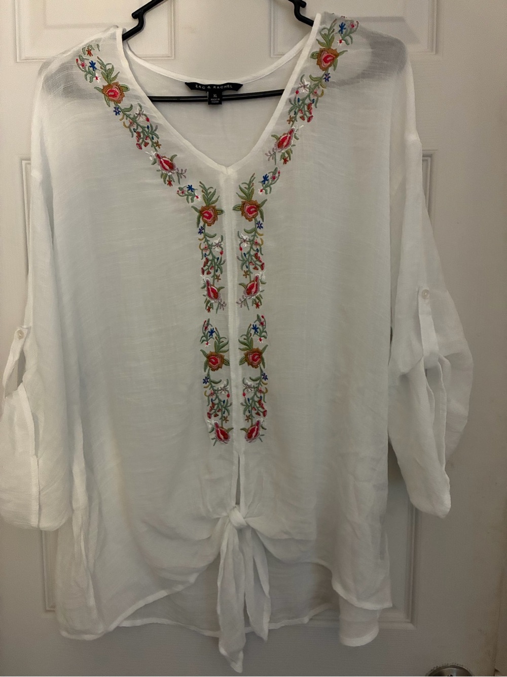 Rachel & Zoe White Embroidered V-Neck Tie-Front Blouse